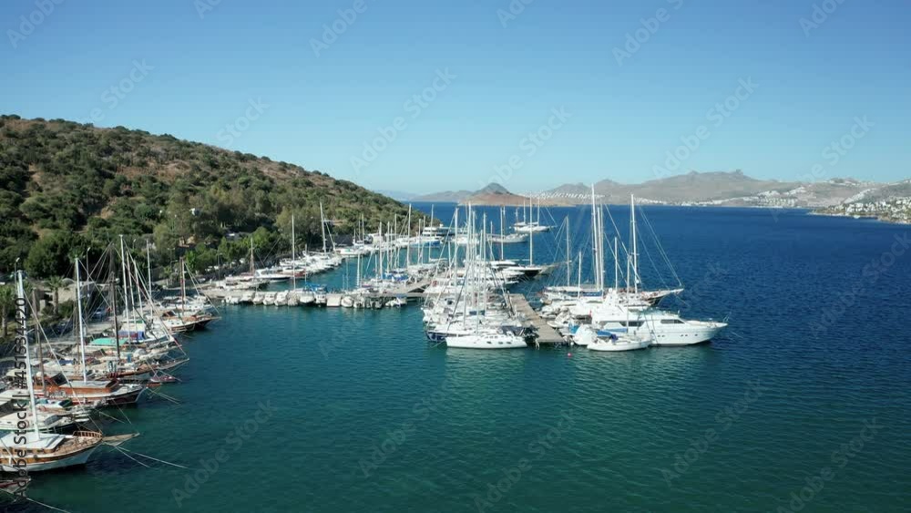 Amazing panoramic aerial 4k view from drone of beautiful bay of Bitez and Bodrum city in Bodrum on a bright and sunny day in Mugla province in Turkey Amazing panoramic aerial 4k view from drone of beautiful bay of Bitez and Bodrum city in Bodrum on a bright and sunny day in Mugla province in Turkey