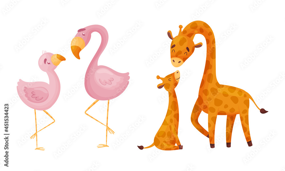 Fototapeta premium Mother and baby african animals set. Flamingo and giraffe moms hugging their kids cartoon vector illustration