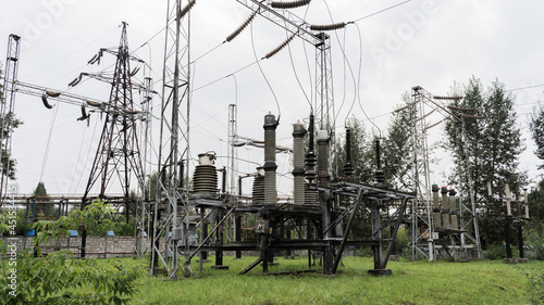 Powerful power transmission station. Transformer. Electricity supply.