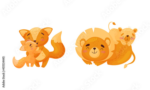 Mother and baby animals set. Fox and lion moms hugging their kids cartoon vector illustration