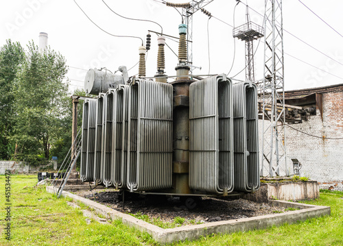 Powerful power transmission station. Transformer. Electricity supply.