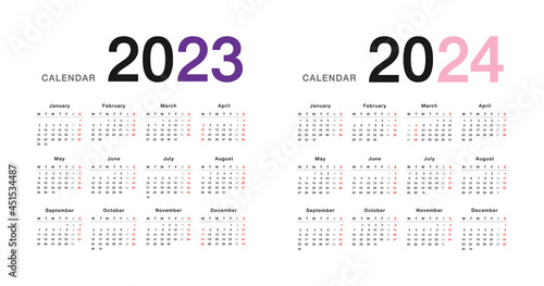 Colorful Year 2023 and Year 2024 calendar horizontal vector design template, simple and clean design. Calendar for 2023 and 2024 on White Background for organization and business. Week Starts Monday.