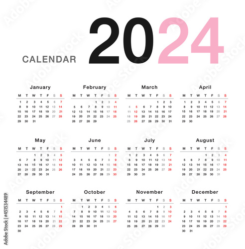 Colorful Year 2024 calendar horizontal vector design template, simple and clean design. Calendar for 2024 on White Background for organization and business. Week Starts Monday.