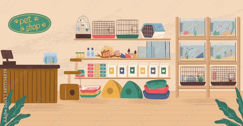 Pet shop interior concept vector illustration. Animal store with canine