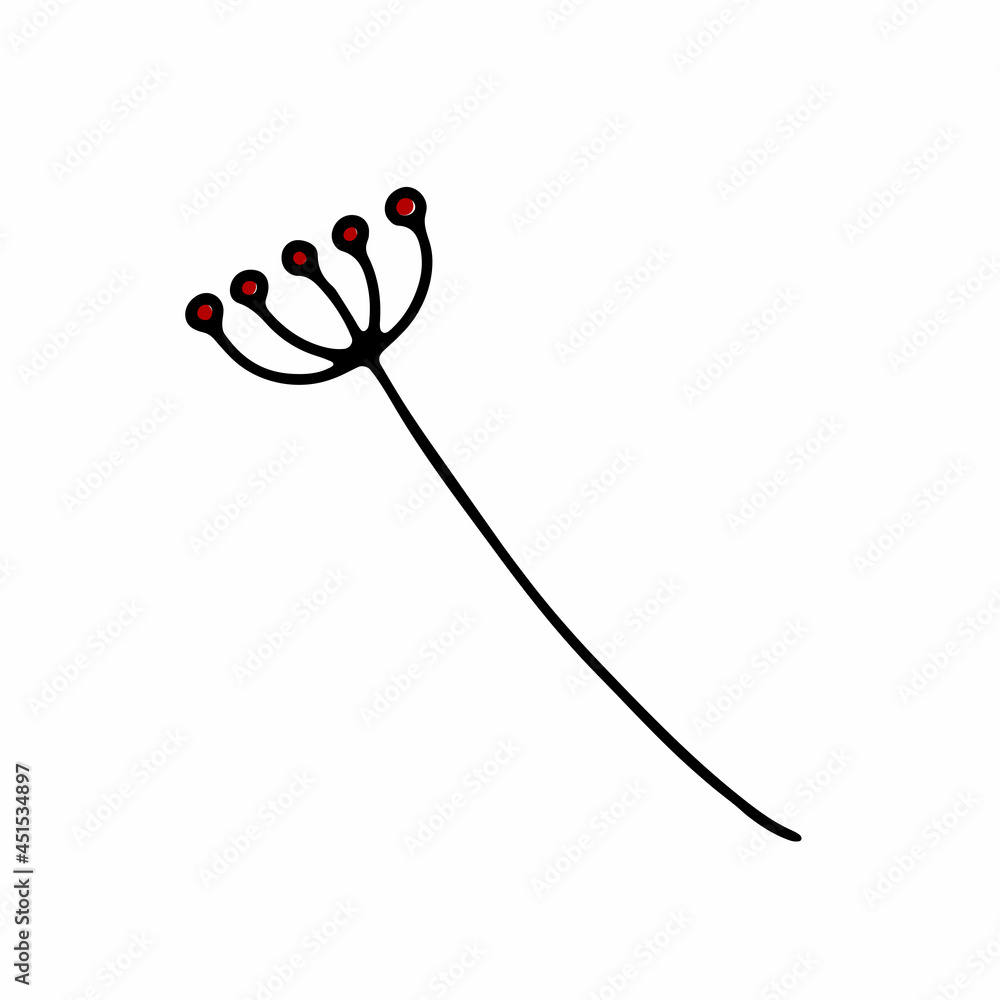 Doodle delicate twig. Hand-drawn cute plant isolated on white background. Herb with small red buds. Vector floral illustration for interior, gardening, holiday, wedding. Minimalistic botanical poster Doodle delicate twig. Hand-drawn cute plant isolated on white background. Herb with small red buds. Vector floral illustration for interior, gardening, holiday, wedding. Minimalistic botanical poster