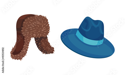 Set of headgears, earflap hat and fedora hat cartoon vector illustration