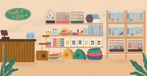 Pet shop interior concept vector illustration. Animal store with canine food, birds cage, aquarium with fish and dog bed photo