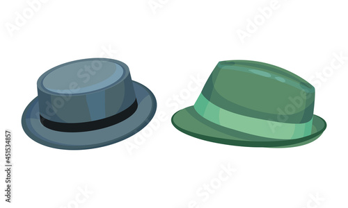 Set of headgears, male fedora hat cartoon vector illustration