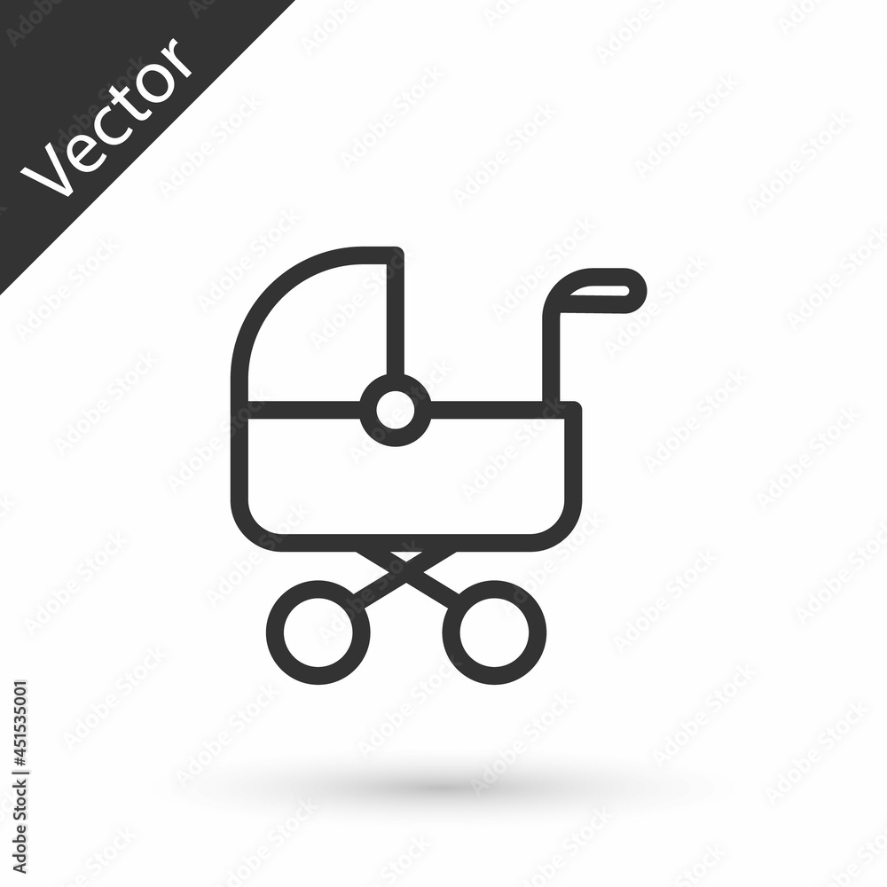 Grey line Baby stroller icon isolated on white background. Baby carriage, buggy, pram, stroller, wheel. Vector Grey line Baby stroller icon isolated on white background. Baby carriage, buggy, pram, stroller, wheel. Vector