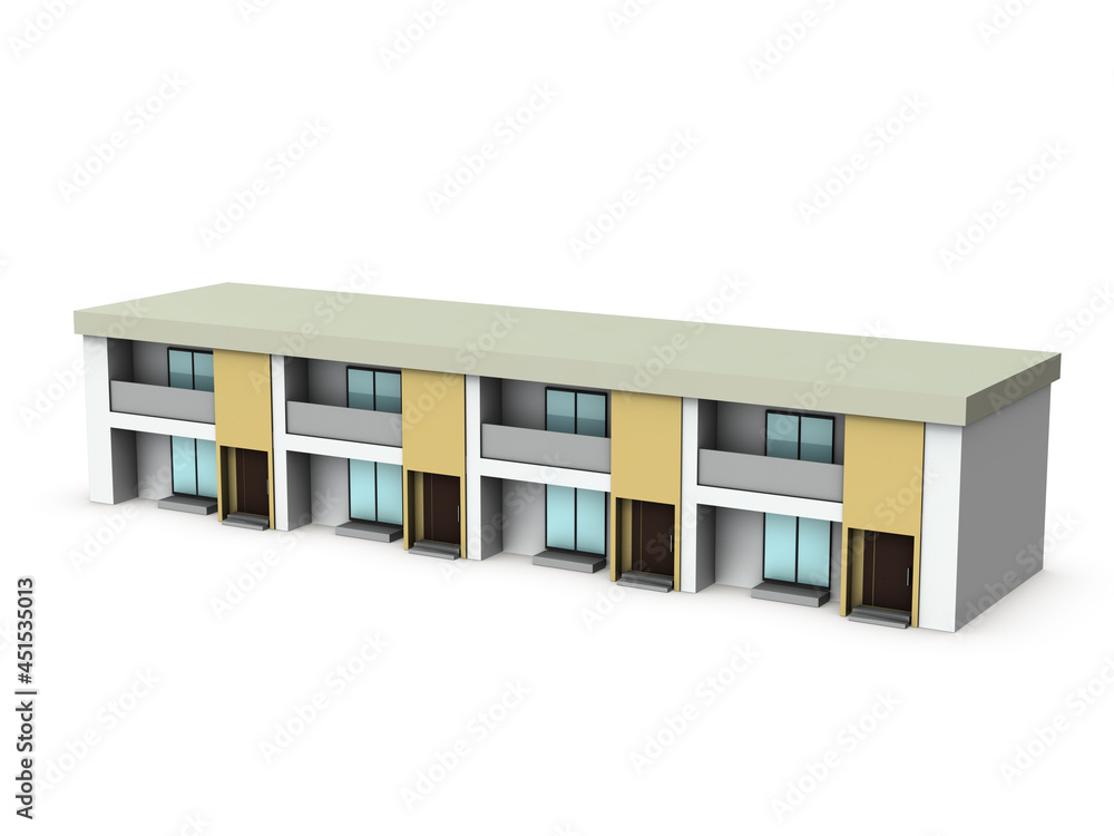 メゾネットタイプの集合住宅。建築模型。白バック。3DCG。