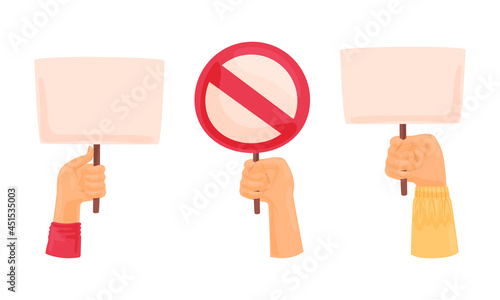 Hands holding blank placards set. Empty protest message poster, demonstration and political announcement cartoon vector illustration