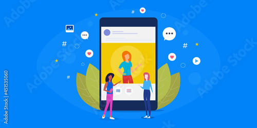 Social media woman influencer blogging about fashion, displaying on mobile screen. Social media women fashion concept. Flat design illustration, web banner template. 