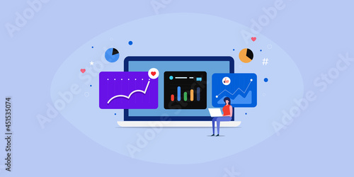 Social media marketing analytics software displaying data and diagram on dashboard screen, businesswoman monitoring social media account insights on laptop computer. Business marketing technology.