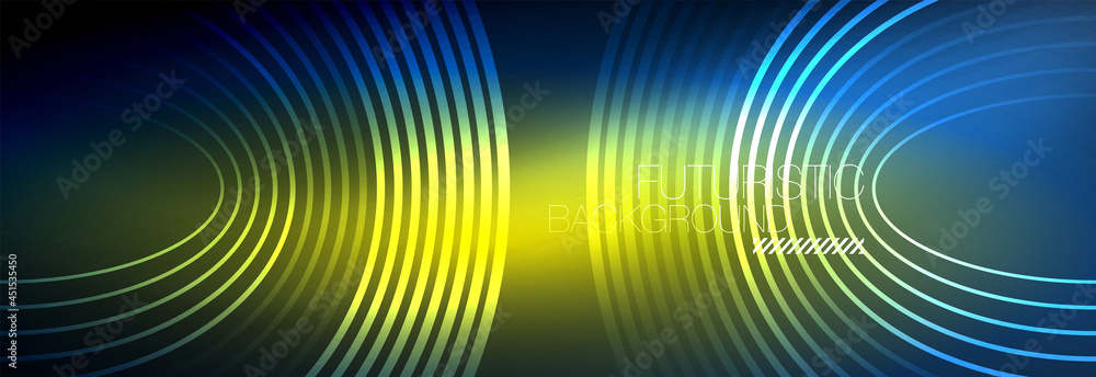 Dark abstract background with glowing neon circles. Trendy layout template for business or technology presentation, internet poster or web brochure cover, wallpaper Dark abstract background with glowing neon circles. Trendy layout template for business or technology presentation, internet poster or web brochure cover, wallpaper