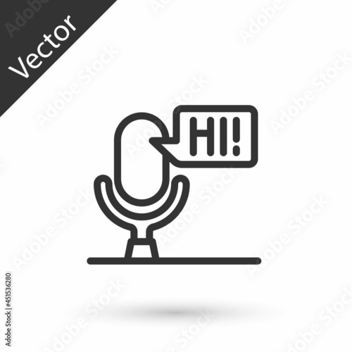 Grey line Microphone voice device icon isolated on white background. Microphone interpreter and alphabet letters. Vector