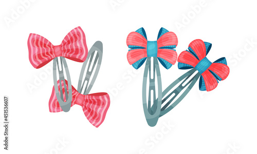 Set of childish hair accessories. Cute hairpins and hair clips cartoon vector illustration