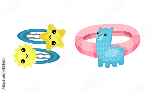 Set of childish hair accessories. Cute hairpins and scrunchy cartoon vector illustration