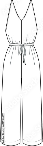 women sleeveless wide leg v neck drawstring waist jumpsuit flat sketch vector illustration  photo