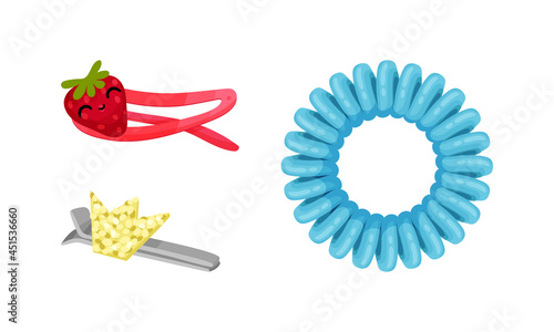 Fashion girlish hair accessories set. Cute hairpins, clips cartoon vector illustration