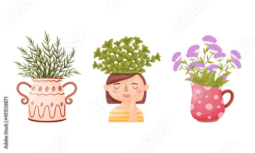 Flowers in vases of different shapes set. Ceramic flower pots in shape of whale and dog vector illustration