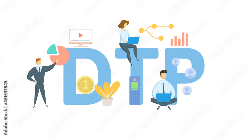 DTP, Desktop Publishing. Concept with keyword, people and icons. Flat vector illustration. Isolated on white.