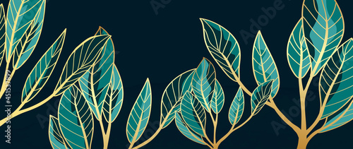 Golden leaves line art background vector. luxury gold abstract wallpaper with blue and tidewater green color. Design for prints, Home decoration, fabric and cover design. vector illustration.