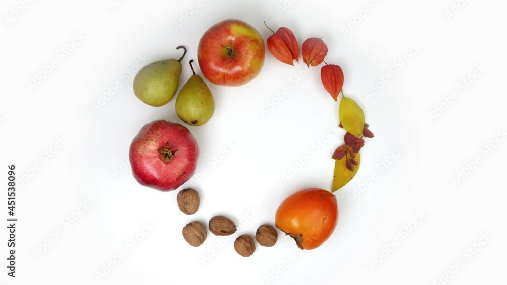 Fall seasonal layout with autumn fruits and leaves Fall seasonal layout with autumn fruits and leaves