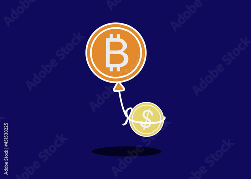 illustration of Cryptocurrency Decentralized(DeFi) destroy traditional bank system. Bitcoin balloon taking dollar coin. Vector.