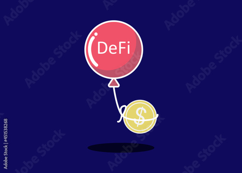illustration of Cryptocurrency Decentralized(DeFi) destroy traditional bank system. DeFi balloon taking dollar coin. Vector.