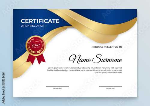 Premium gold and blue certificate of appreciation template, clean modern design with gold badge