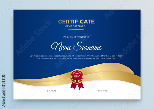Premium gold and blue certificate of appreciation template, clean modern design with gold badge
