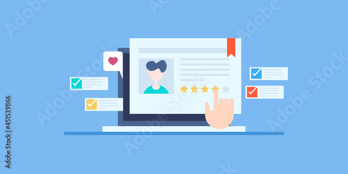 Company survey, customer service review and five star good rating concept. Hand pressing  star rating panel on website, positive feedback. Flat design web banner template, business communication.