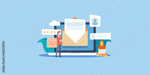 Company people managing email marketing campaign for business promotion, reaching potential customers, sending newsletter, communication technology web banner template.