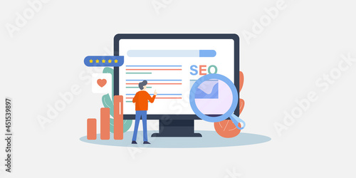 SEO optimization illustration concept. Businessman checking website ranking, keyword competition, seo data report on computer screen. Digital marketing business technology communication concept.