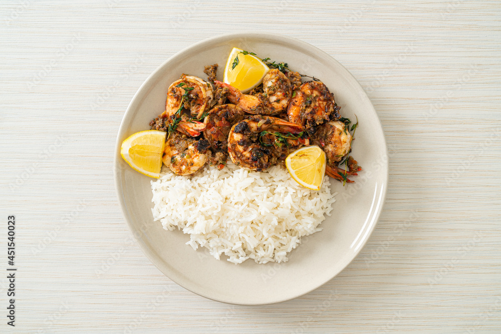 jerk shrimps or grilled shrimps in Jamaica style with rice jerk shrimps or grilled shrimps in Jamaica style with rice