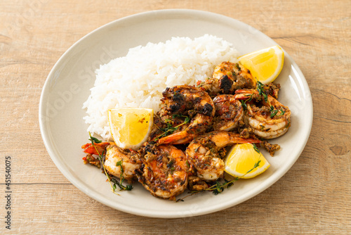 jerk shrimps or grilled shrimps in Jamaica style with rice