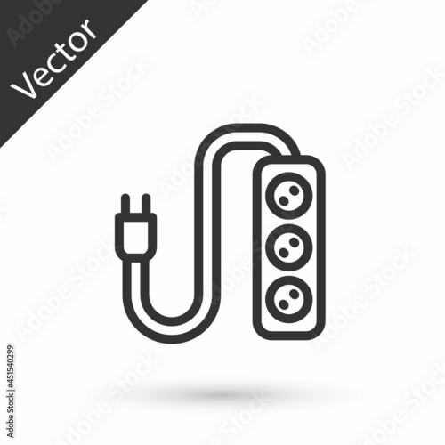 Grey line Electric extension cord icon isolated on white background. Power plug socket. Vector
