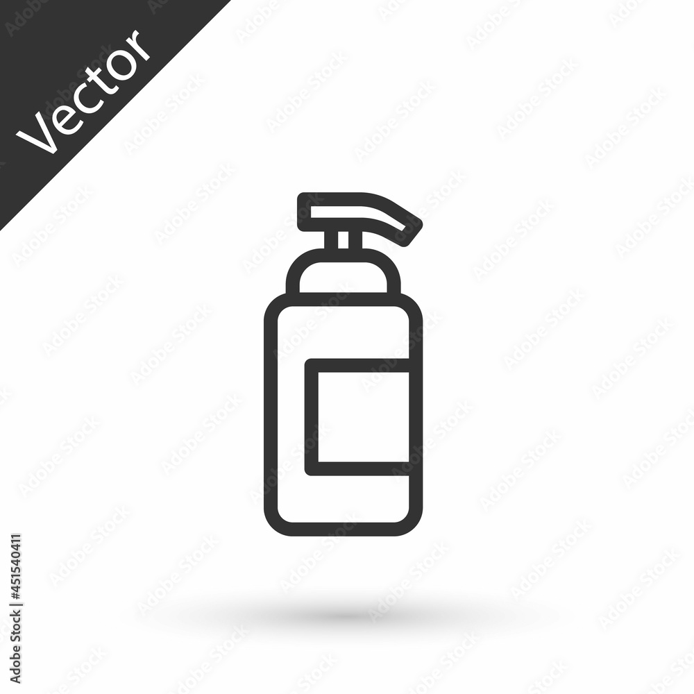Grey line Bottle of liquid antibacterial soap with dispenser icon isolated on white background. Antiseptic. Disinfection, hygiene, skin care. Vector Grey line Bottle of liquid antibacterial soap with dispenser icon isolated on white background. Antiseptic. Disinfection, hygiene, skin care. Vector