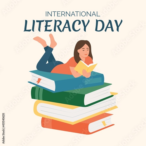 Literacy day.Girl lies on on stack of big books with open book in her hands.Literature fan.  Concept illustration of earning, distance studying and self education. Vector illustration
