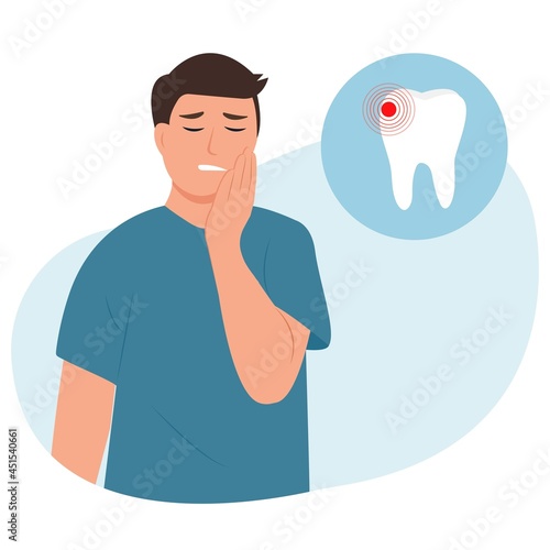 Toothache concept.Young male feeling pain, holding his cheek with hand, suffering from bad toothache. Man with  painful expression.Caries. Severe tooth pain. Vector illustration 