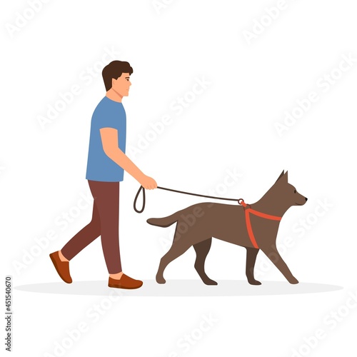 Man walking with dog. Pet owner strolling with big dog on leash. Vector illustration isolated on white background