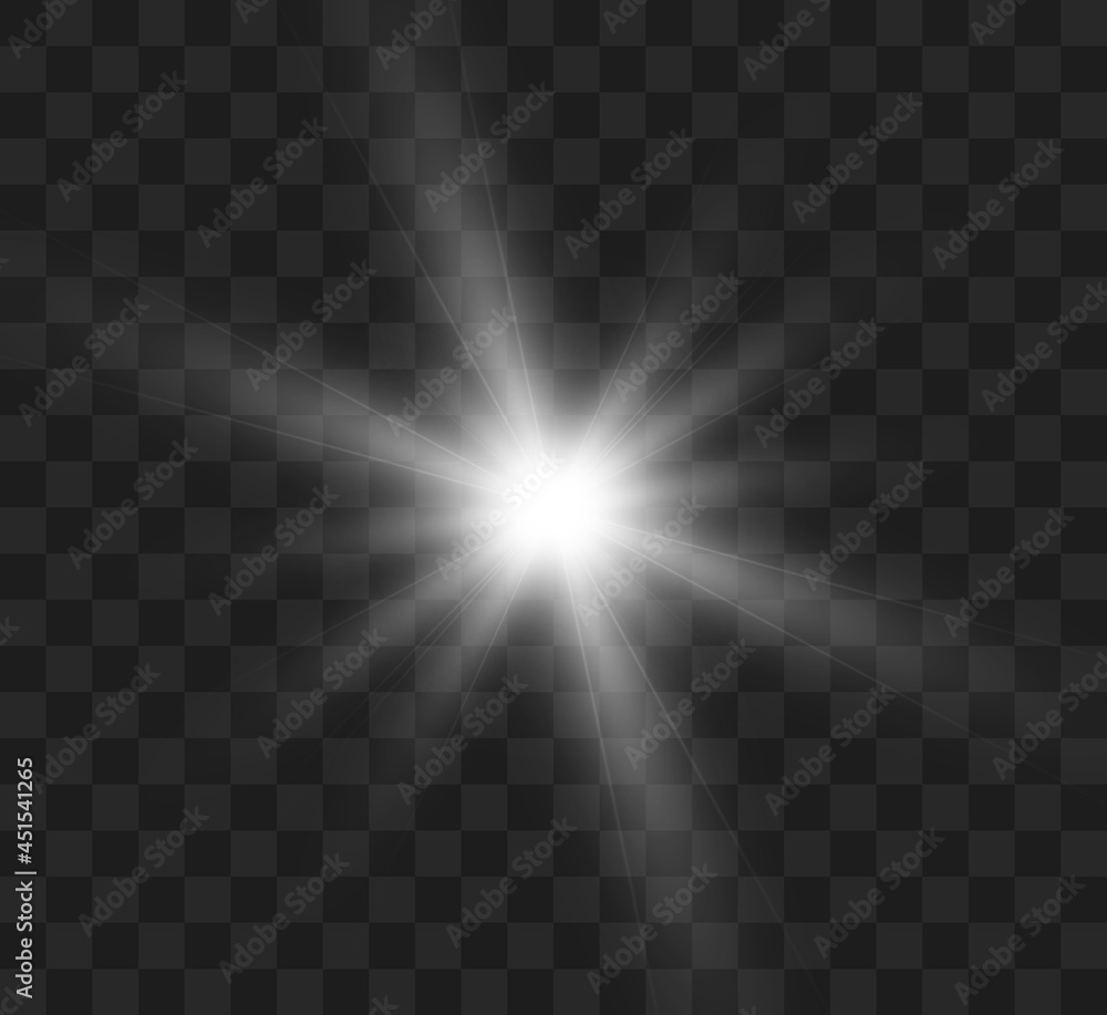 White glowing light explodes on a transparent background. Bright Star. Transparent shining sun, bright flash. Vector graphics. White glowing light explodes on a transparent background. Bright Star. Transparent shining sun, bright flash. Vector graphics.