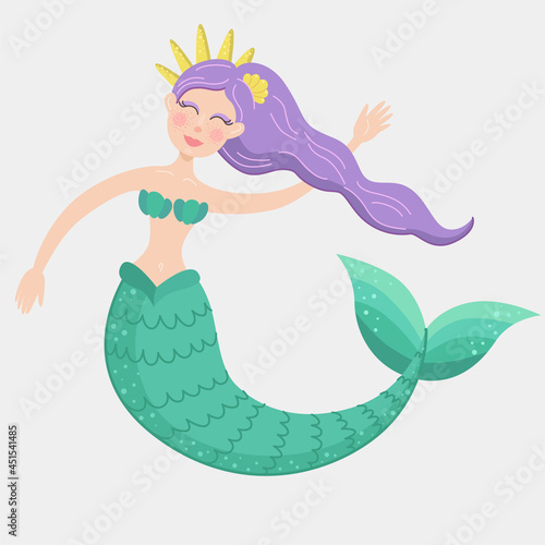 cute little mermaid with purple hair on a white background