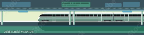 High-speed train at the metro station. Suburban and urban underground transport. Green. Railway with a locomotive. Illustration. Flat style design. Vector