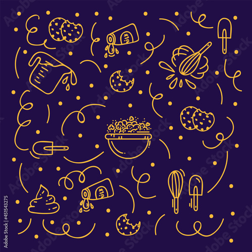Background of a baker and ingredients for cooking. A pattern for kitchen textiles or for the chef with kitchen utensils and food. Linear vector doodle background. Vector illustration