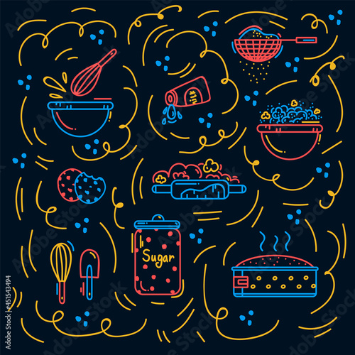 Pattern with baking ingredients for dough and cream. Background for the Recipe of flour dough, Cake and sponge cake. A set of linear vector texture icons for textiles. Vector illustration