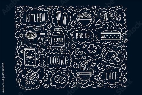 Background for making dessert. Illustration with letters and baking ingredients Linear vector doodle background for kitchen textiles. Vector illustration