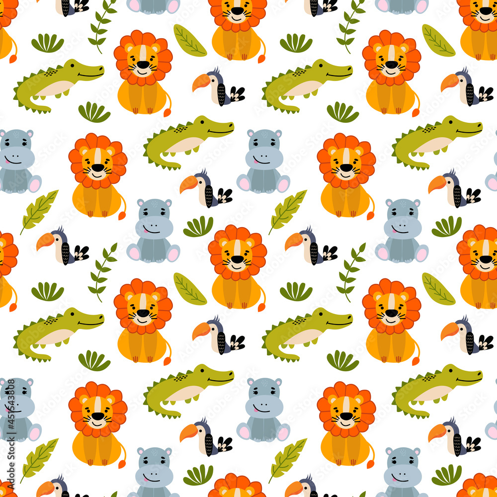 Seamless pattern with cute hand-drawn animals. Lion, hippo, crocodile and toucan. Design for fabric, textile, wallpaper, packaging, nursery decoration.