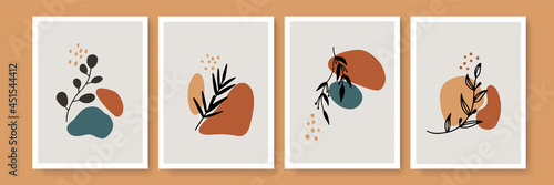 Boho aesthetic abstract botanical wall art poster prints. Scandinavian design, neutral natural colors. Bohemian collage wall prints. Mid Century Modern design. Plant fruit posters. Vector illustration