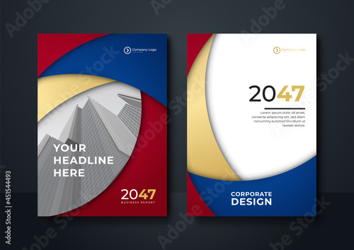 Modern red blue gold white flyer brochure design template.  Set of modern geometric luxury navy blue abstract backgrounds with golden lines for card template or business or presentation or greeting.